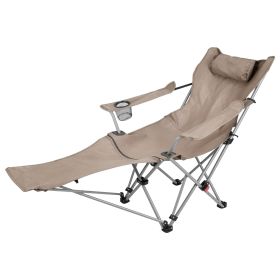 Reclining Camping Chair With Footrest 4-Position Adjustable Outdoor Folding Chair Heavy Duty Portable Camping Lounge Chair With Headrest Cup Holder & (Color: Khaki)