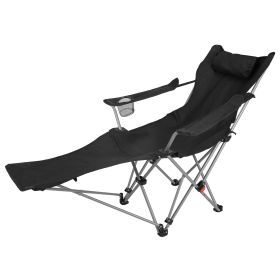 Reclining Camping Chair With Footrest 4-Position Adjustable Outdoor Folding Chair Heavy Duty Portable Camping Lounge Chair With Headrest Cup Holder & (Color: Black)