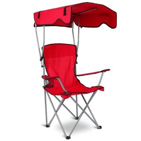 Foldable Beach Canopy Chair Sun Protection Camping Lawn Canopy Chair 330Lbs Load Folding Seat W/ Cup Holder For Beach Poolside Travel Picnic (Color: Red)